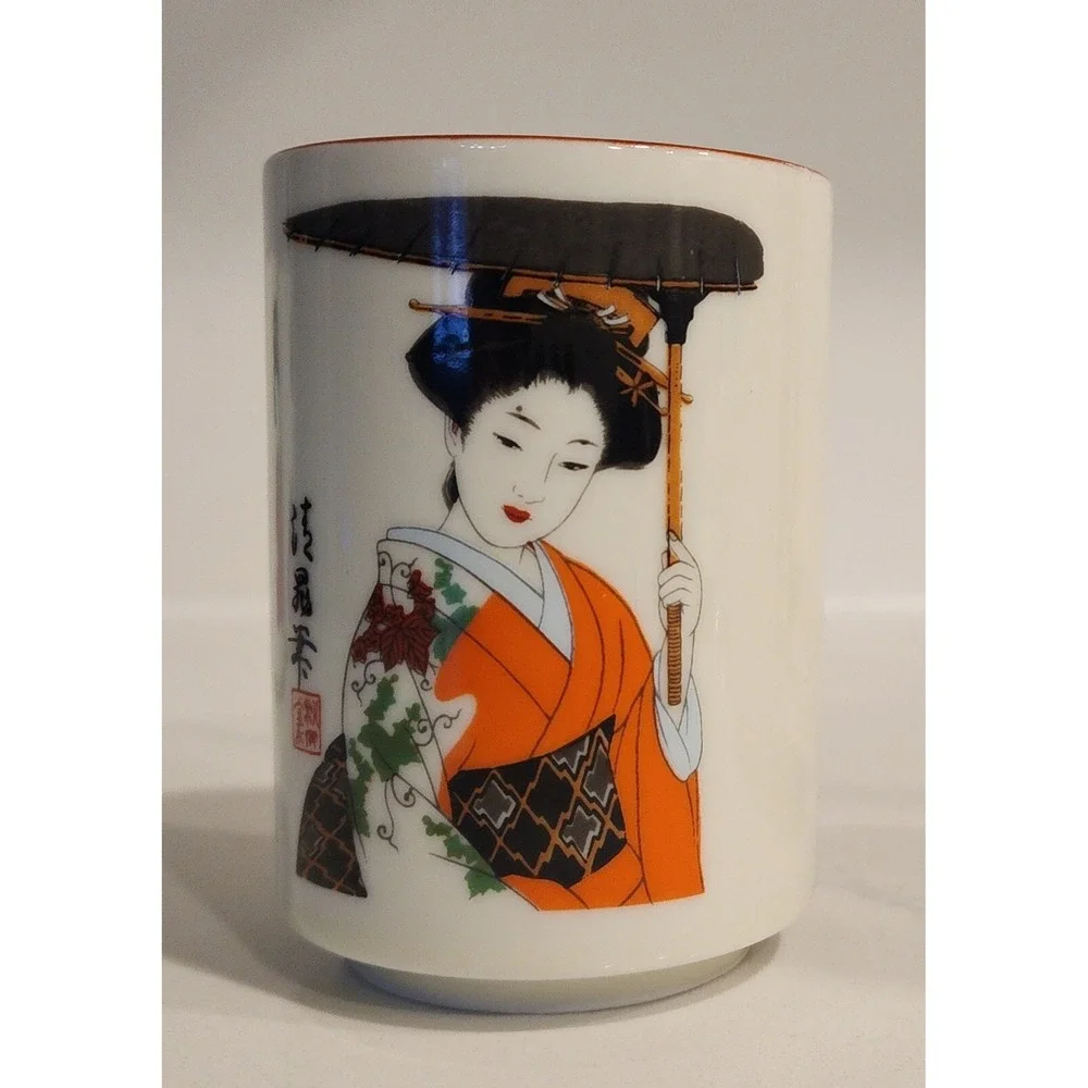 Furisode Kimono Japanese Geisha Tea Cups Artist Signed Set Of 4